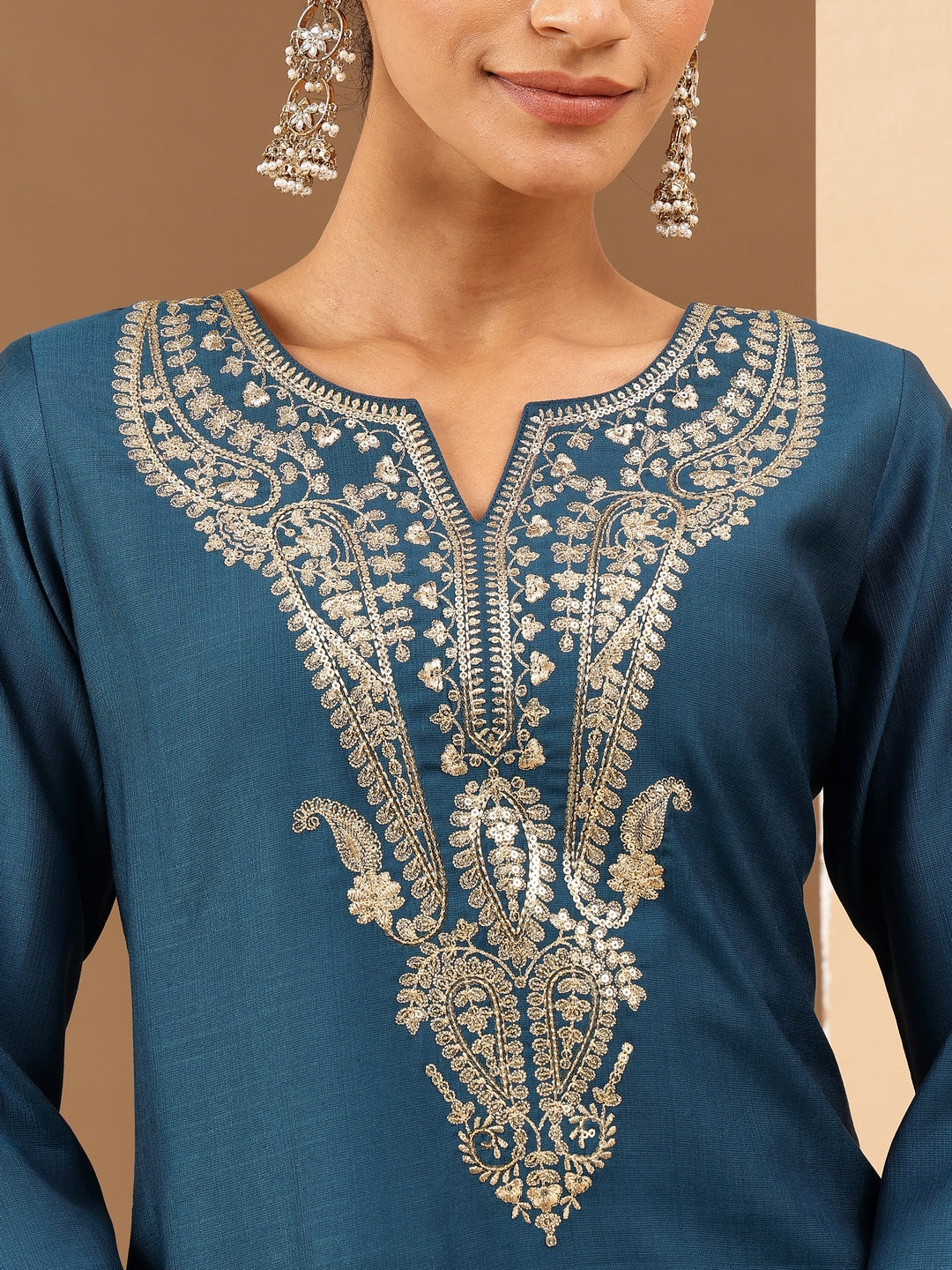 Janasya Women's Teal Blue Silk Blend Zari Yoke Embroidered Straight Kurta - qivii