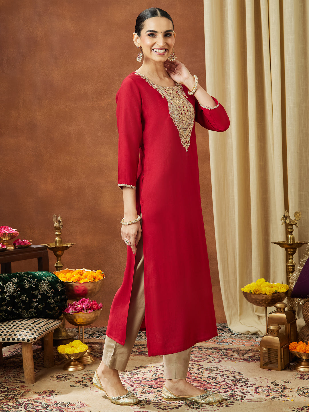 Janasya Women's Maroon Silk Blend Yoke Embroidered Straight Kurta - qivii