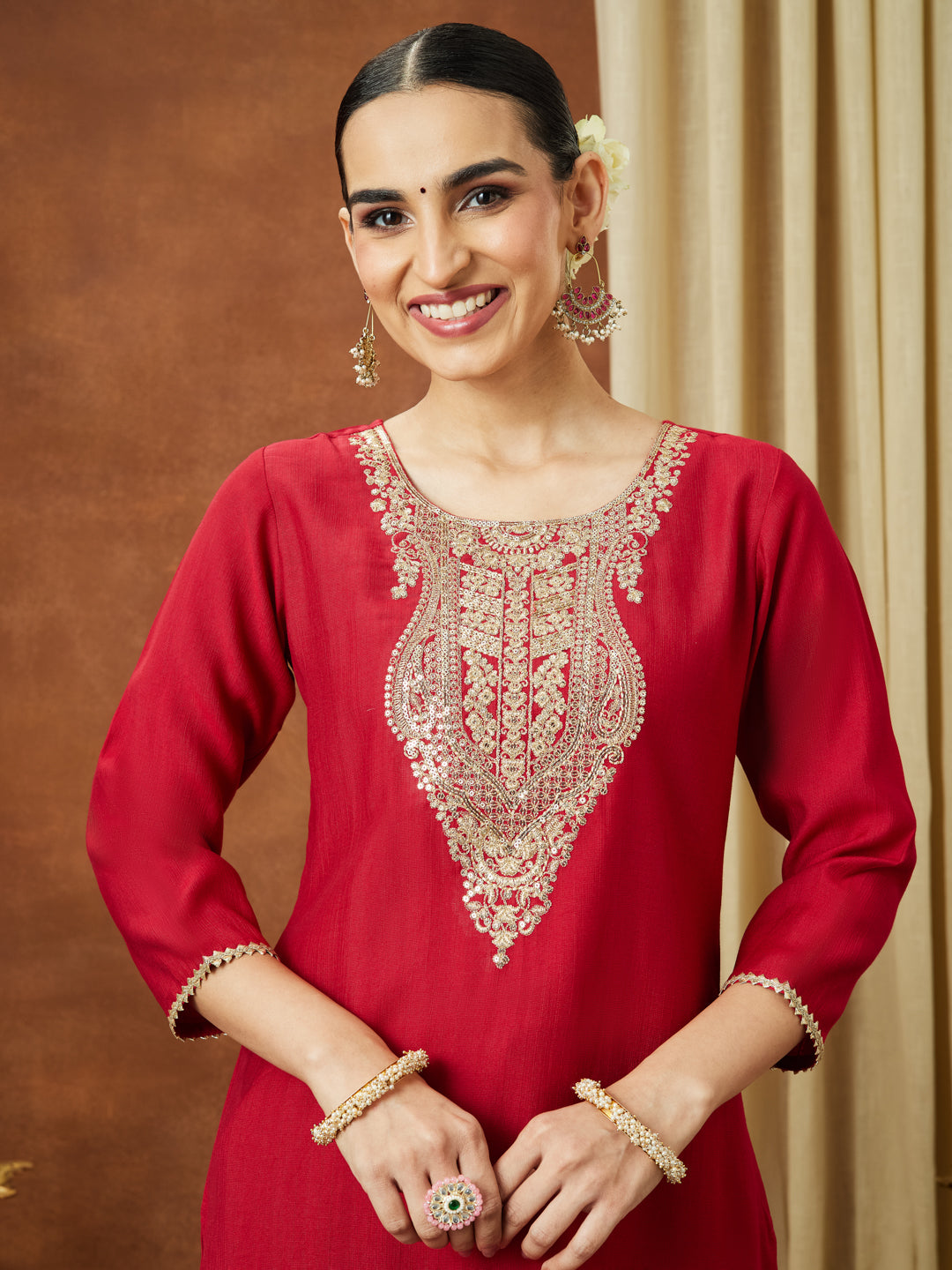 Janasya Women's Maroon Silk Blend Yoke Embroidered Straight Kurta - qivii