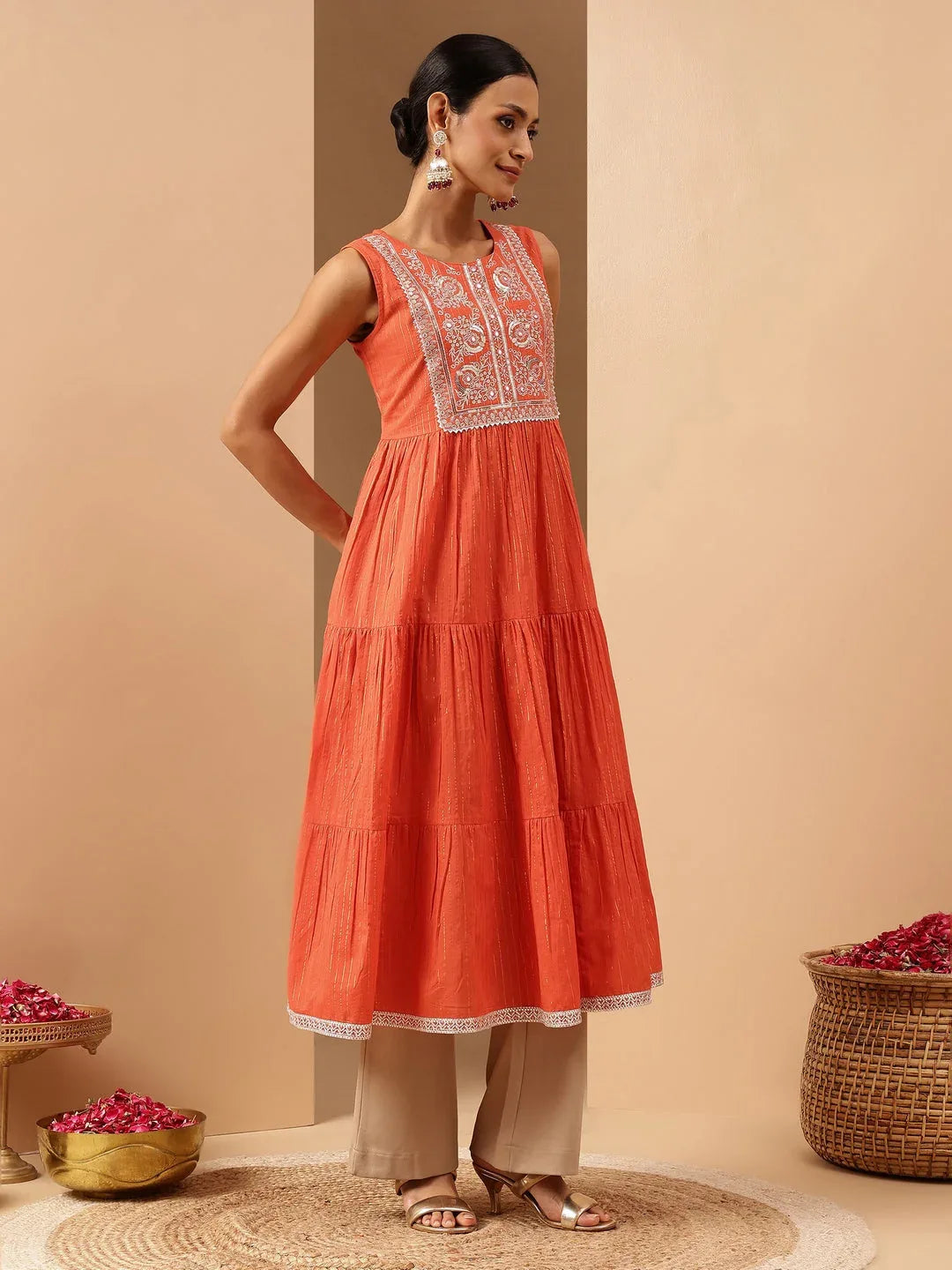 Janasya Women's Orange Pure Cotton Yoke Embroidered Tiered Kurta
