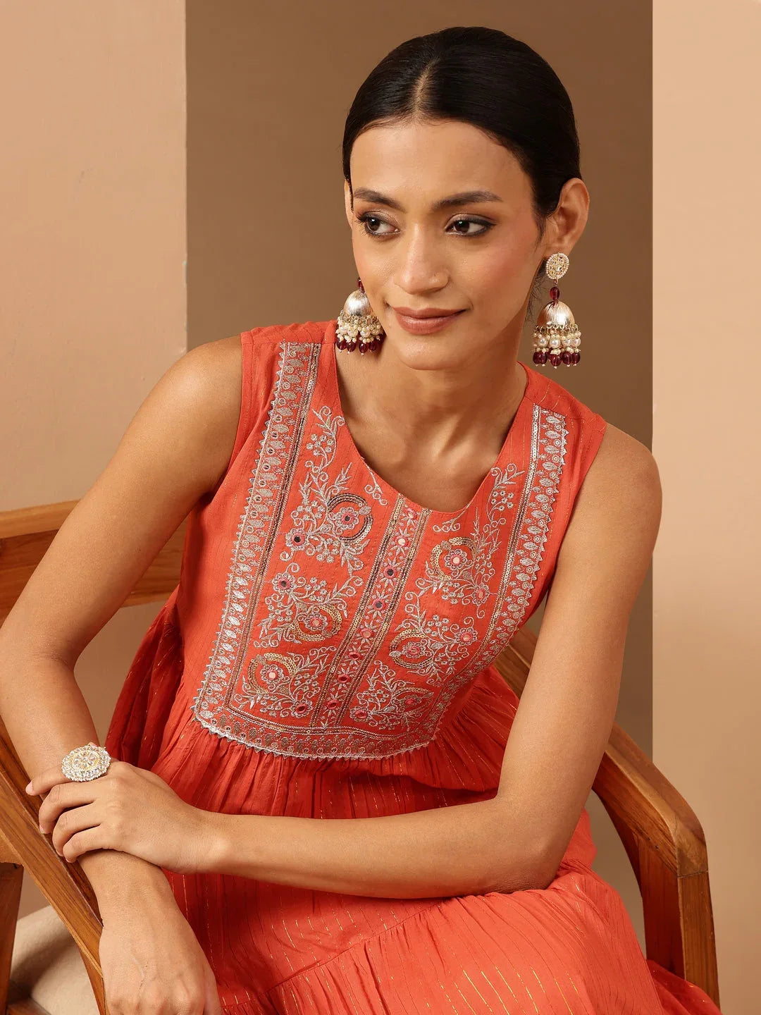 Janasya Women's Orange Pure Cotton Yoke Embroidered Tiered Kurta