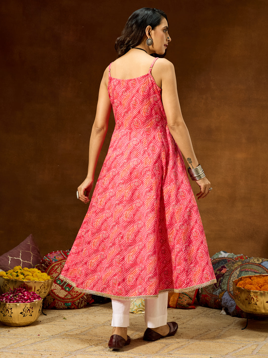 Janasya Women's Pink Pure Cotton Bandhani Printed Anarkali Kurta - qivii