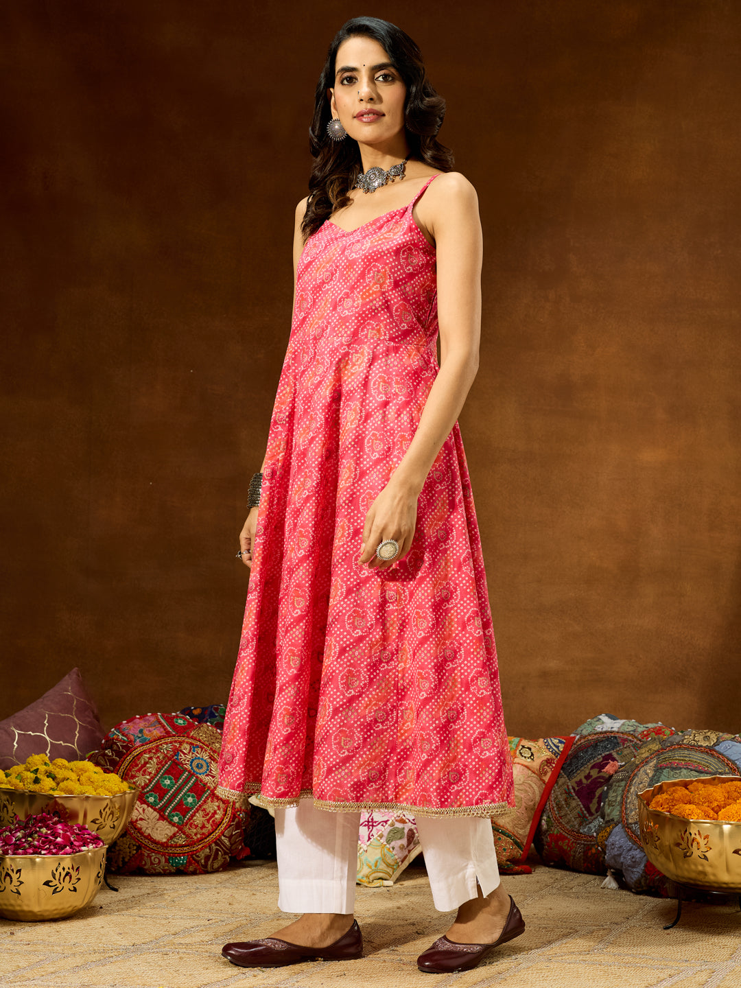 Janasya Women's Pink Pure Cotton Bandhani Printed Anarkali Kurta - qivii