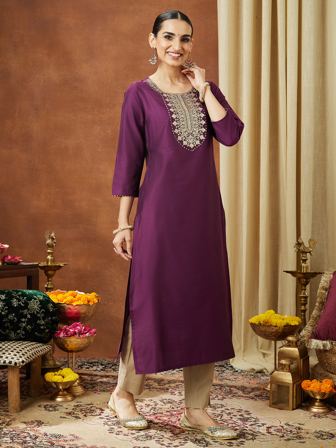 Janasya Women's Wine Chanderi Silk Zari Yoke Embroidered Straight Kurta - qivii