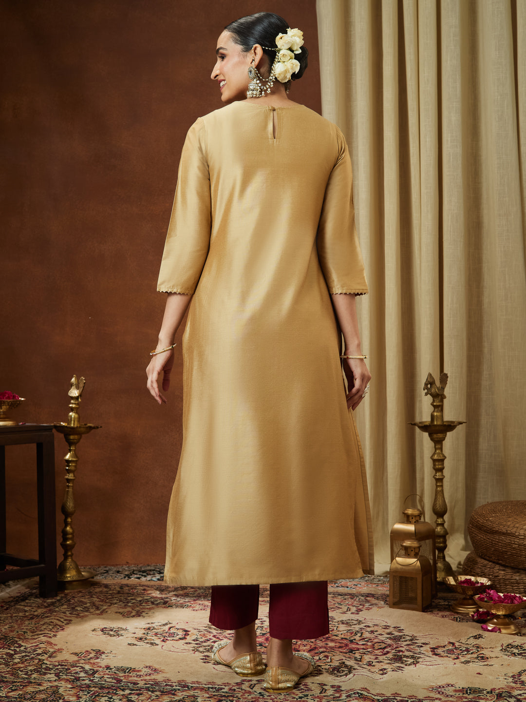 Janasya Women's Beige Chanderi Silk Zari Yoke Embroidered Straight Kurta - qivii