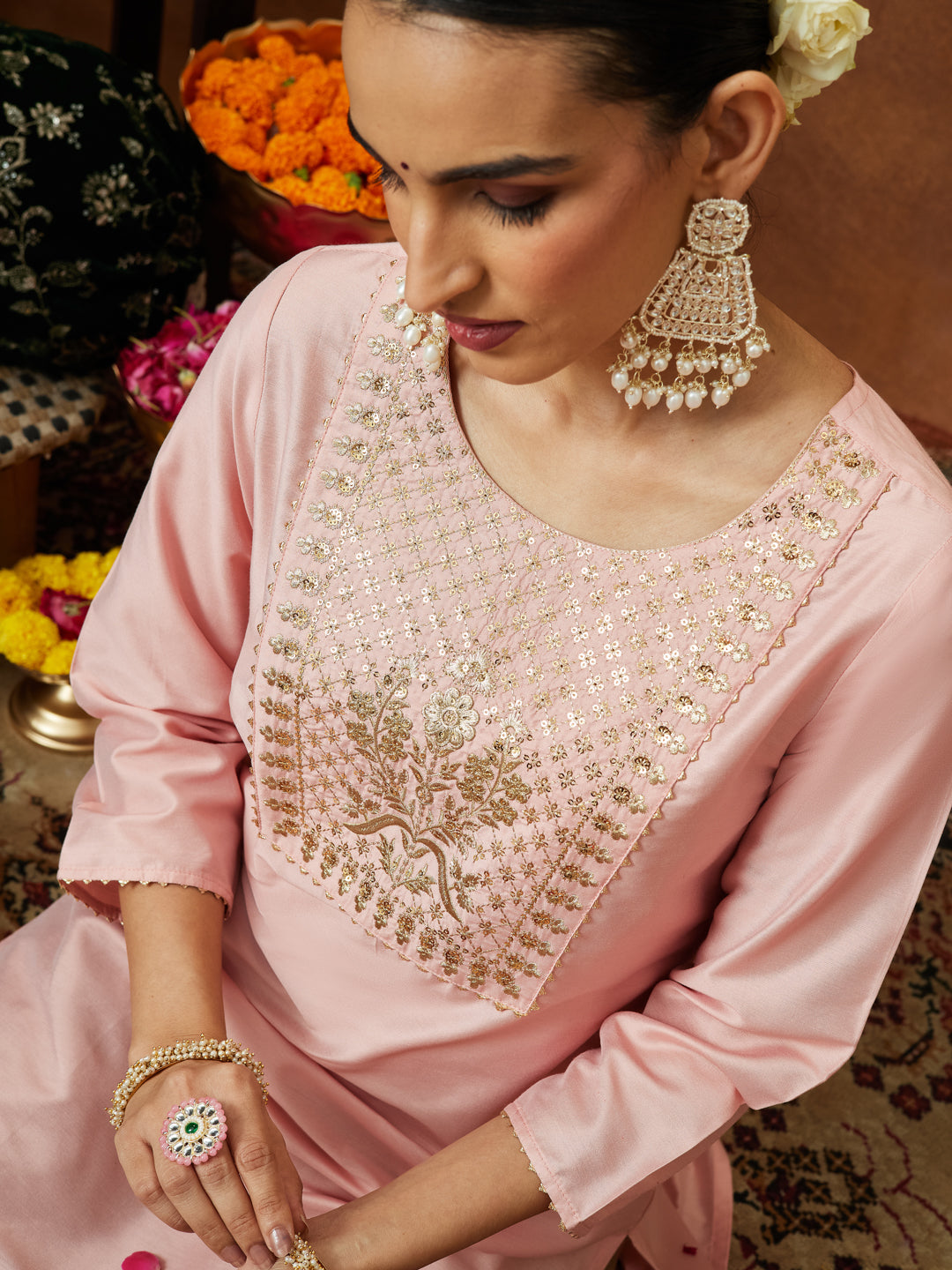 Janasya Women's Light Pink Chanderi Silk Yoke Embroidered Straight Kurta - qivii