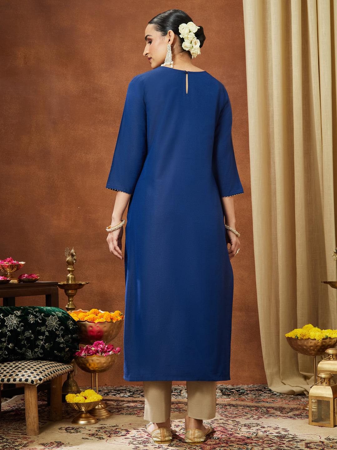 Janasya Women's Navy Blue Chanderi Silk Zari Yoke Embroidered Straight Kurta