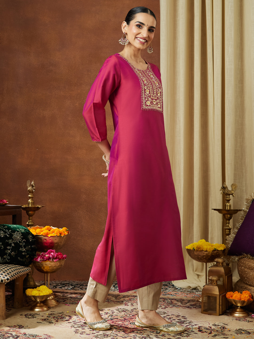 Janasya Women's Pink Chanderi Silk Zari Yoke Embroidered Straight Kurta - qivii