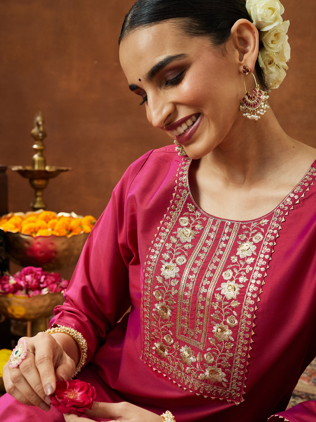 Janasya Women's Pink Chanderi Silk Zari Yoke Embroidered Straight Kurta - qivii