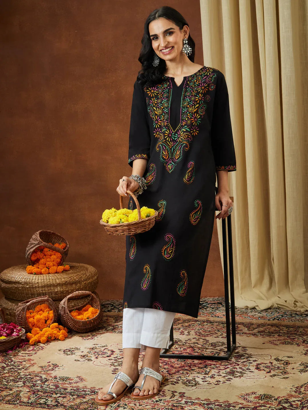 Janasya Women's Black Pure Cotton Paisley Printed Straight Kurta Set