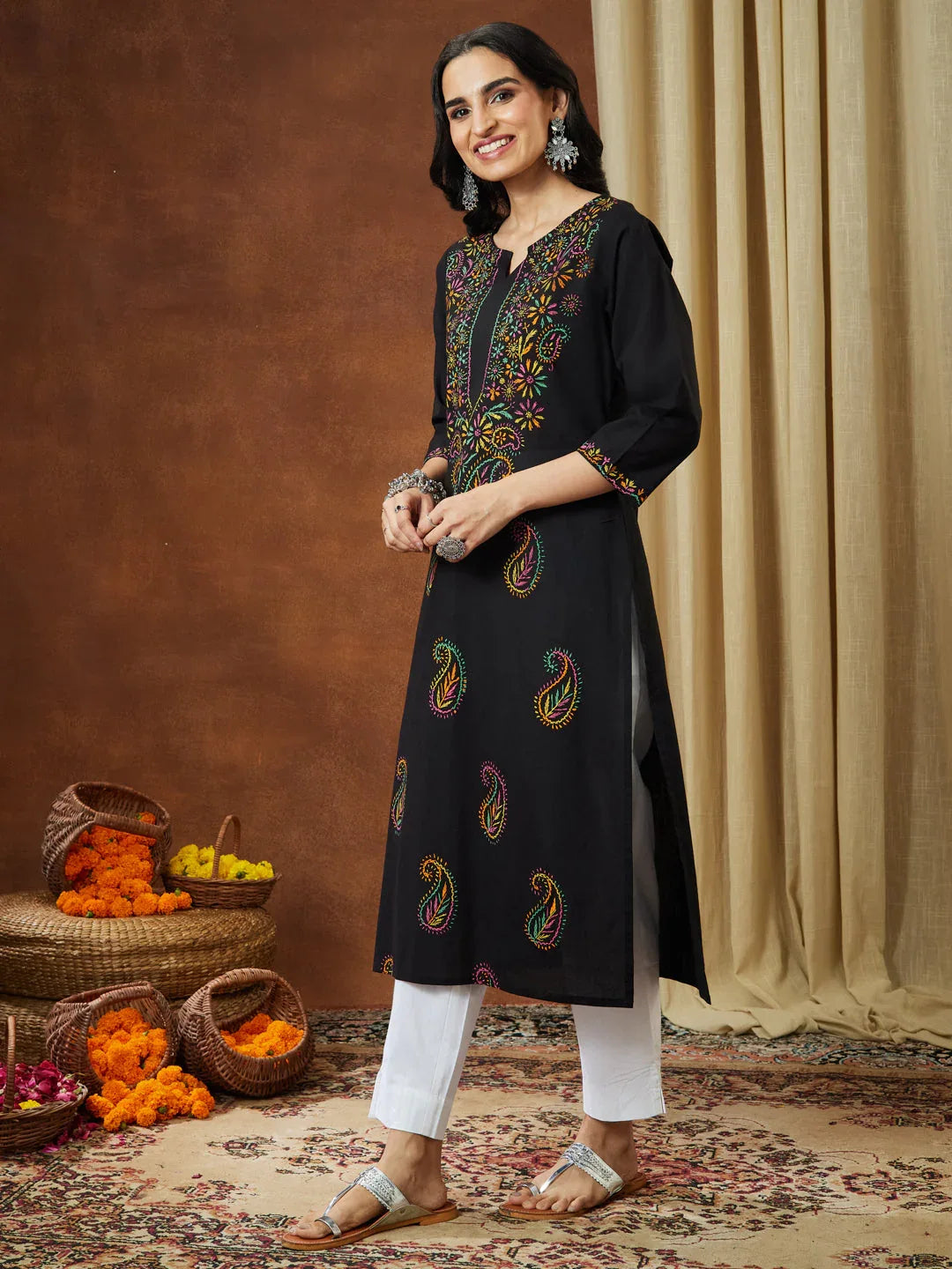 Janasya Women's Black Pure Cotton Paisley Printed Straight Kurta Set