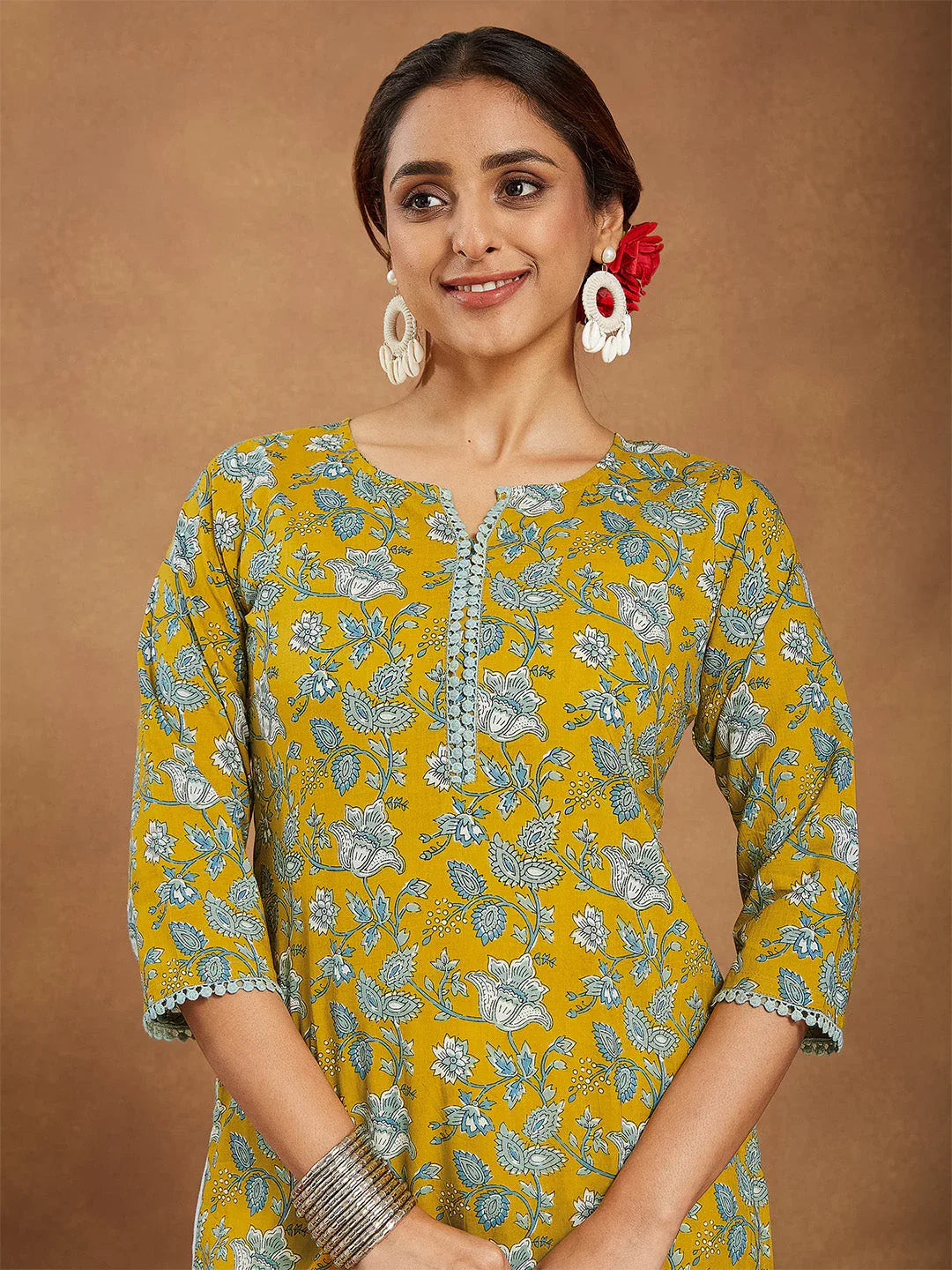 Janasya Women's Mustard Pure Cotton Floral Printed Straight Kurta