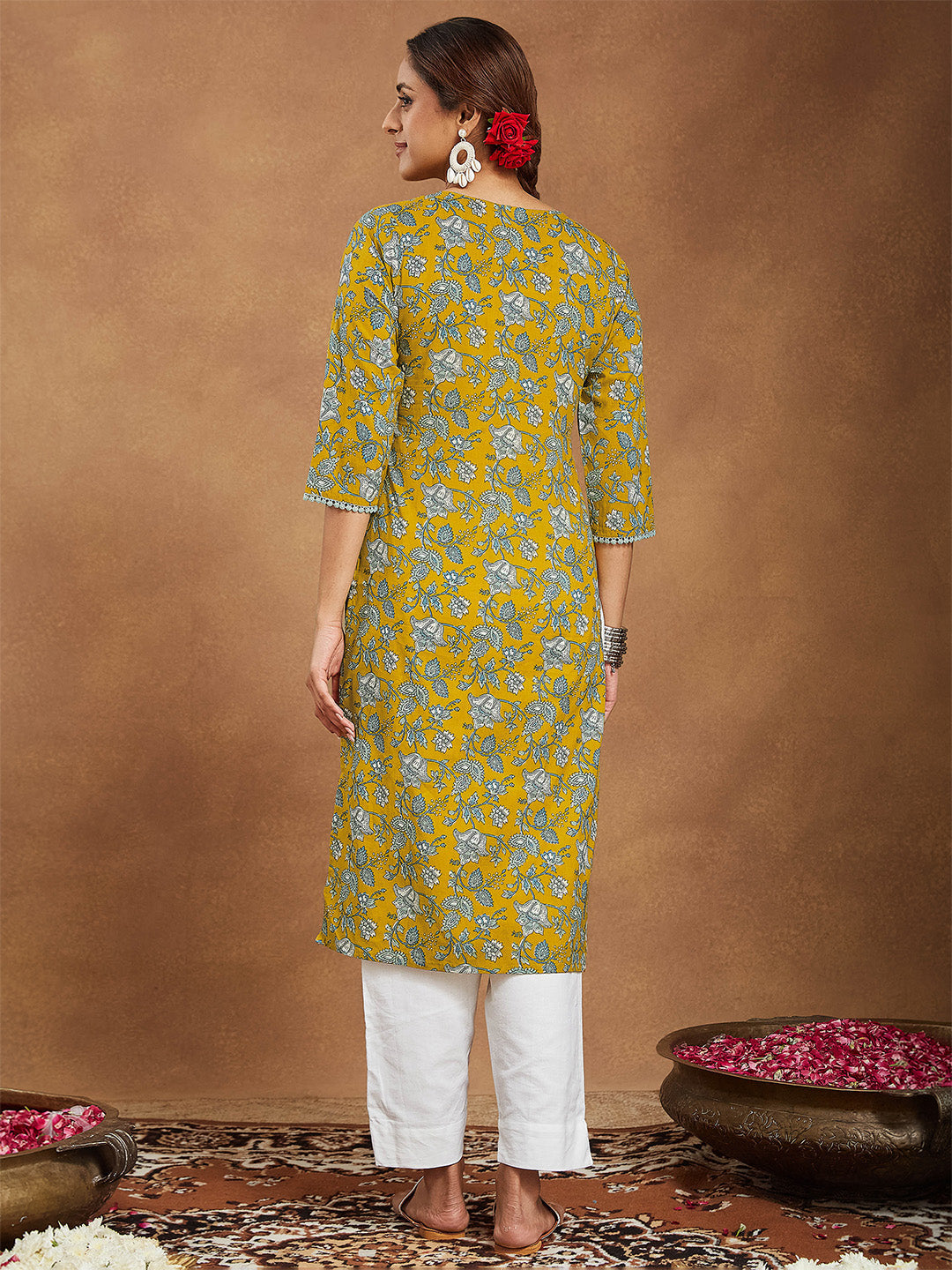 Janasya Women's Mustard Pure Cotton Floral Printed Straight Kurta - qivii