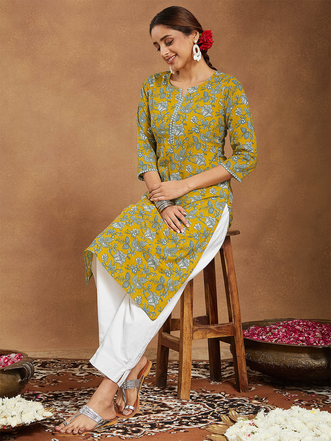 Janasya Women's Mustard Pure Cotton Floral Printed Straight Kurta - qivii
