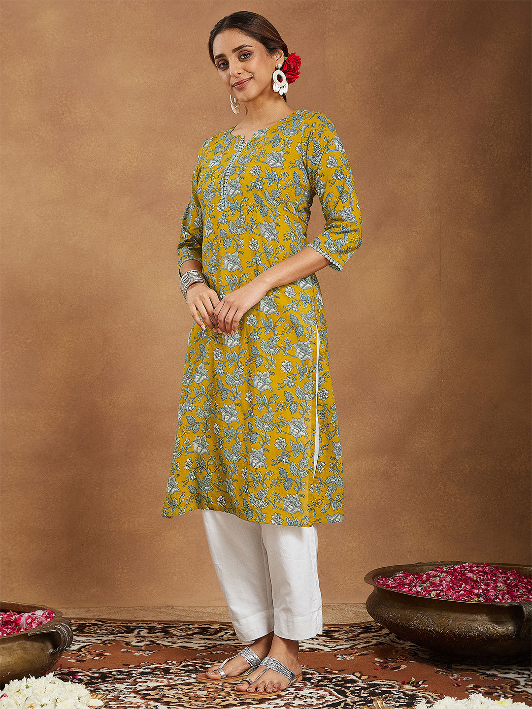 Janasya Women's Mustard Pure Cotton Floral Printed Straight Kurta - qivii
