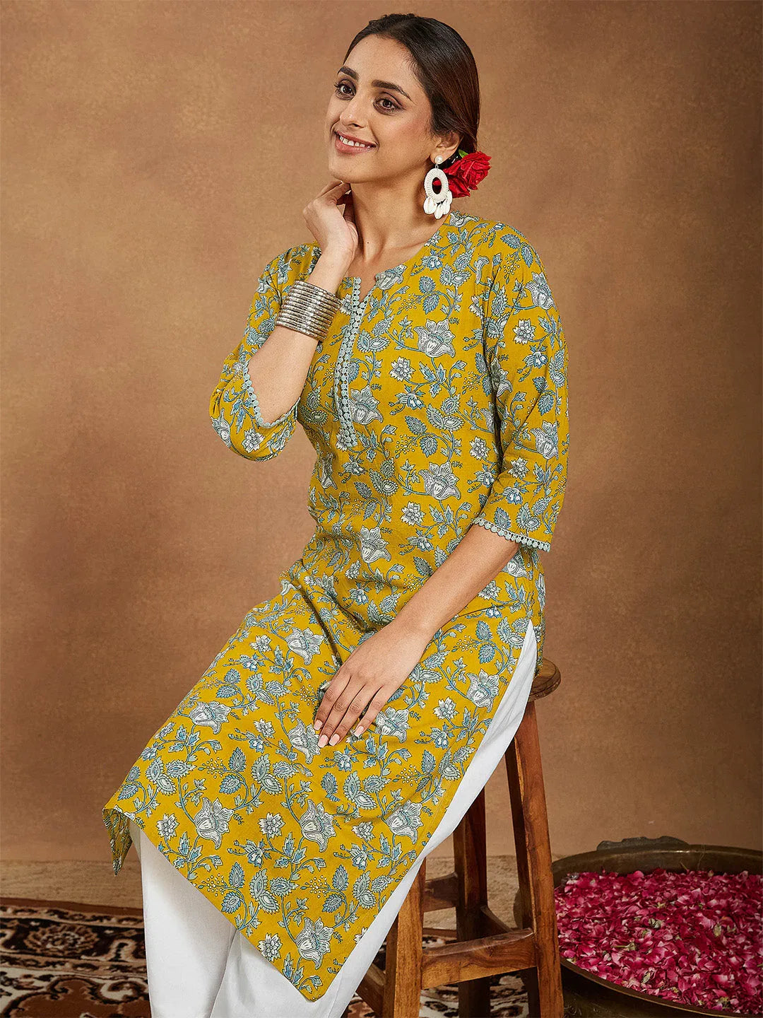 Janasya Women's Mustard Pure Cotton Floral Printed Straight Kurta