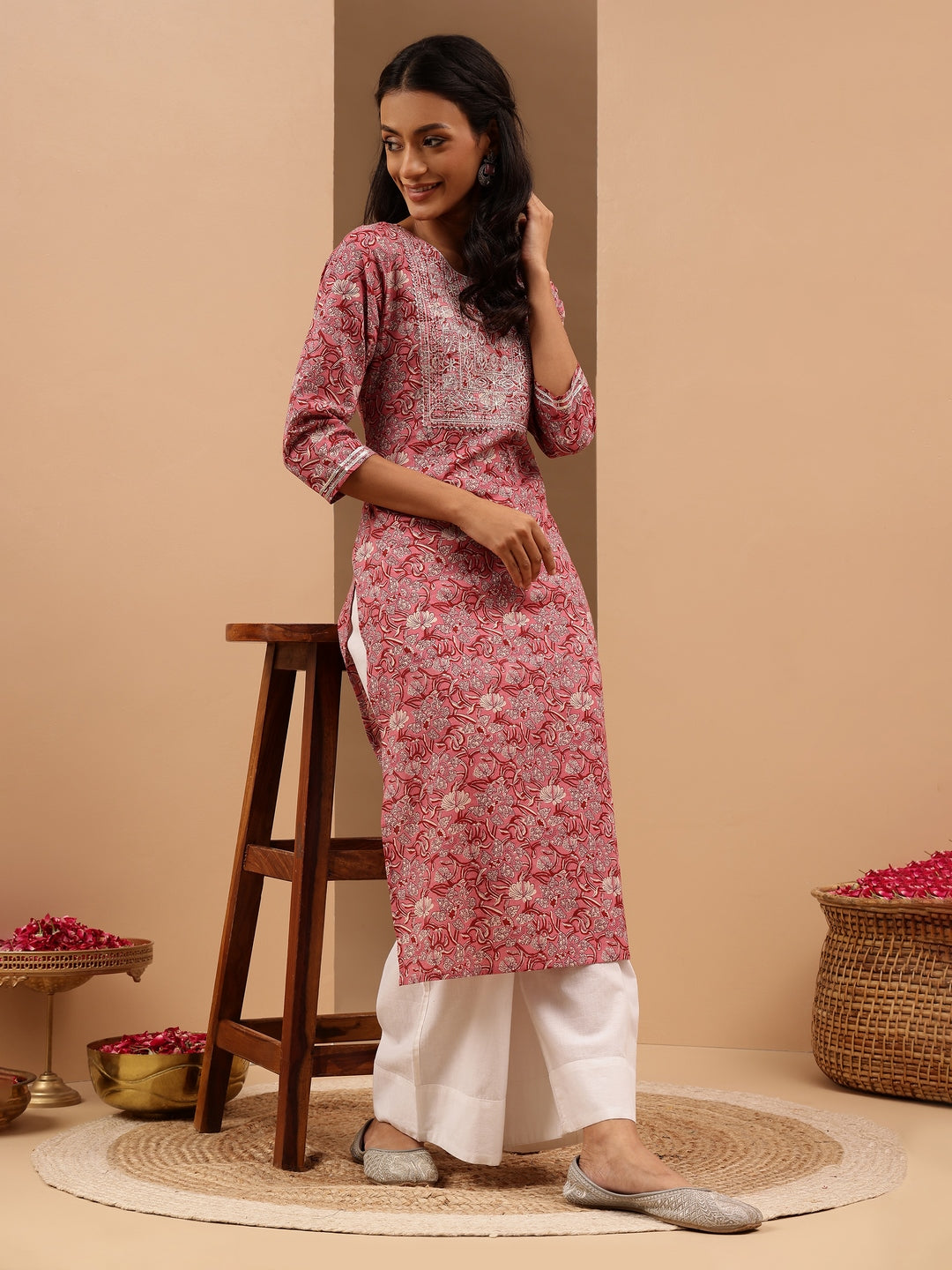 Janasya Women's Pink Pure Cotton Yoke Embroidered Straight Kurta - qivii