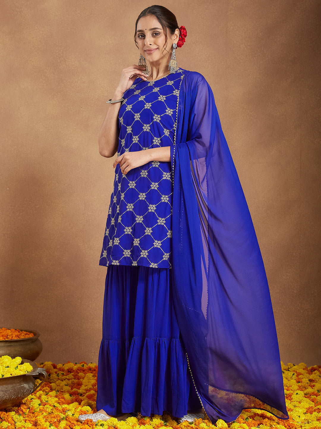 Janasya Women's Royal Blue Georgette Zari Embroidered Straight Kurta With Sharara & Dupatta Set - qivii