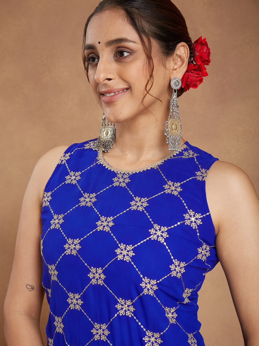 Janasya Women's Royal Blue Georgette Zari Embroidered Straight Kurta With Sharara & Dupatta Set - qivii