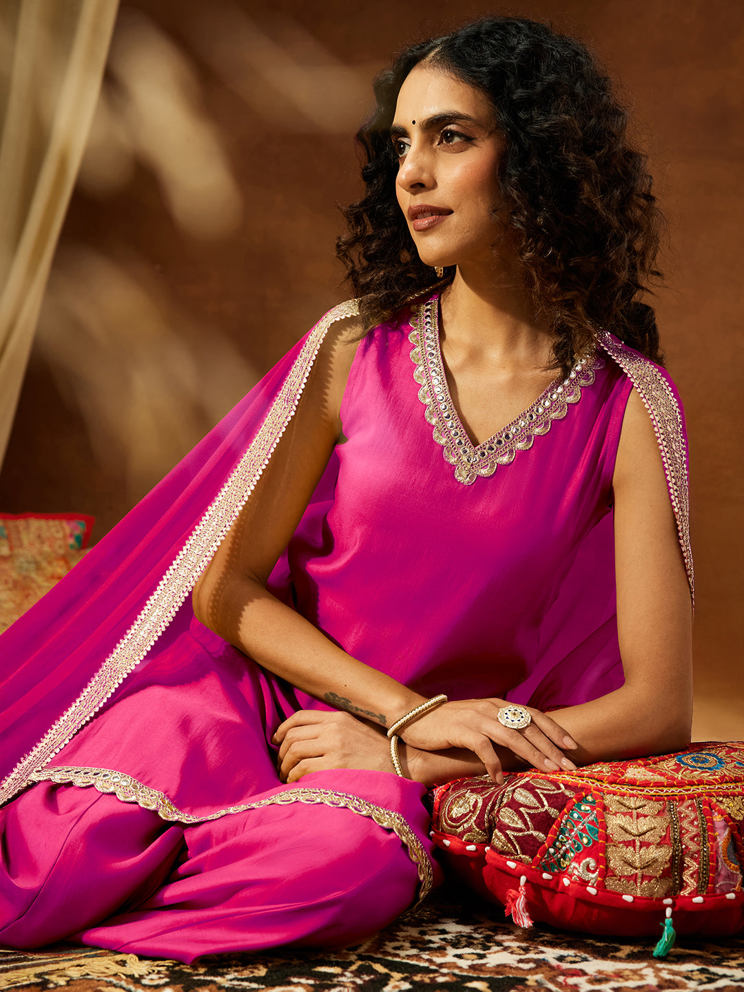 Janasya Women's Pink Chanderi Silk Embellished Straight Kurta With Sharara & Dupatta Set - qivii