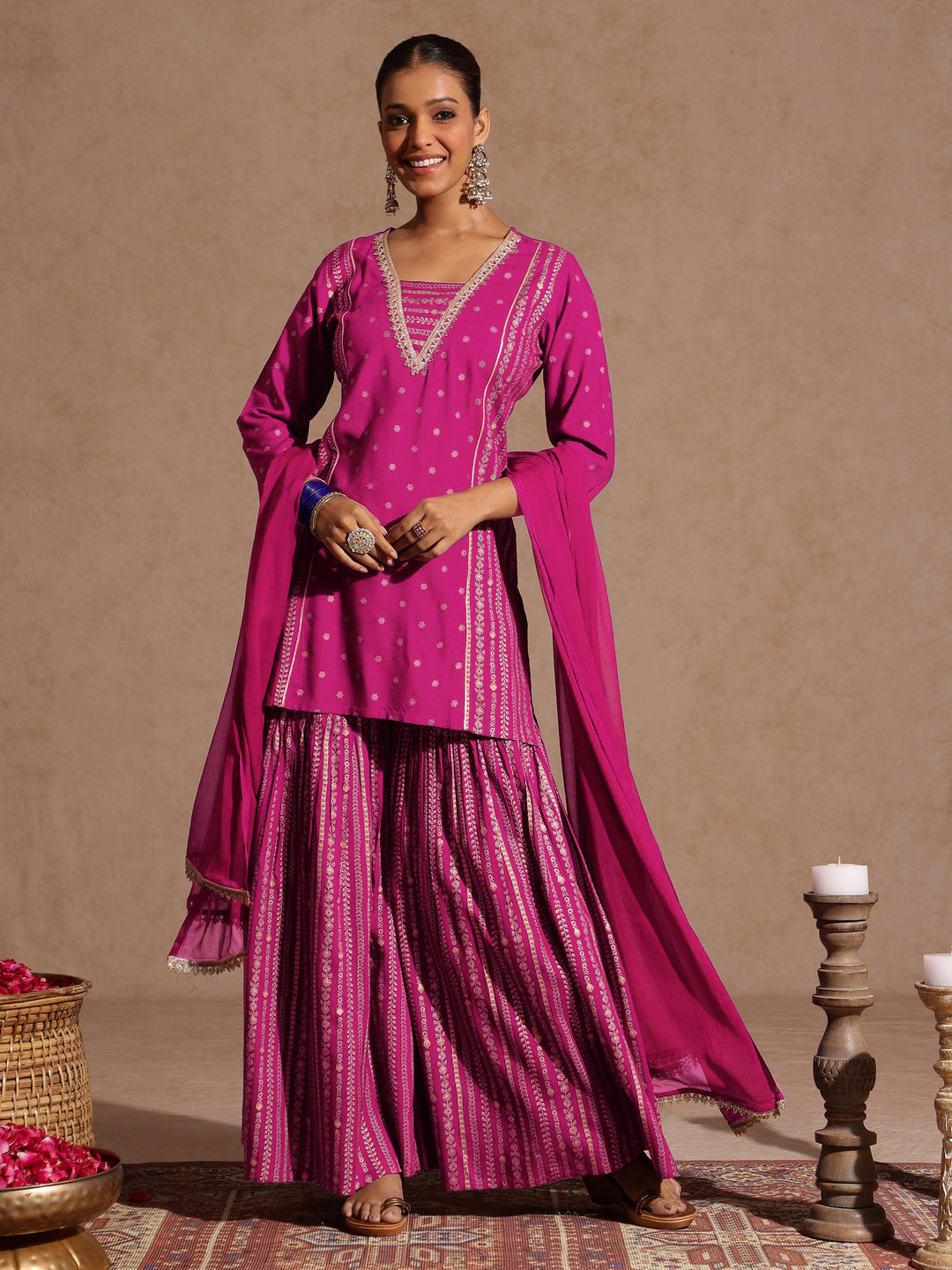 Janasya Women's Pink Rayon Gold Foil Printed Kurti With Sharara & Dupatta Set - qivii