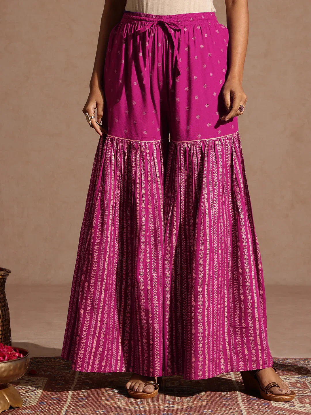 Janasya Women's Pink Rayon Gold Foil Printed Kurti With Sharara & Dupatta Set