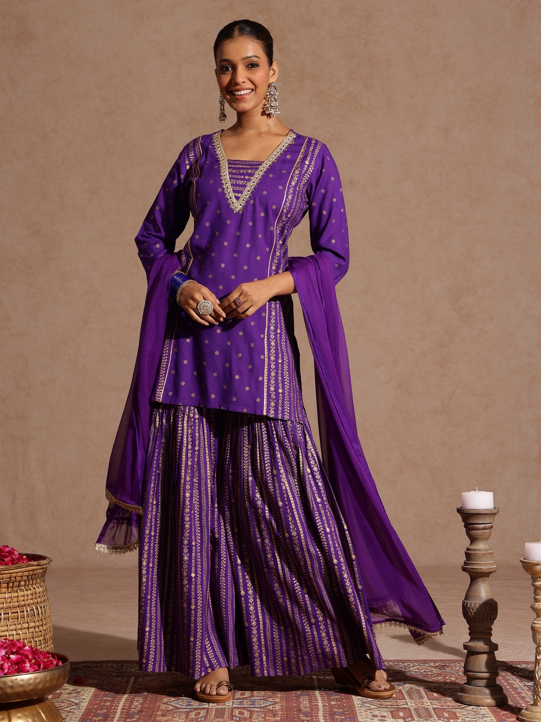 Janasya Women's Purple Rayon Gold Printed Short Kurti With Sharara & Dupatta Set - qivii