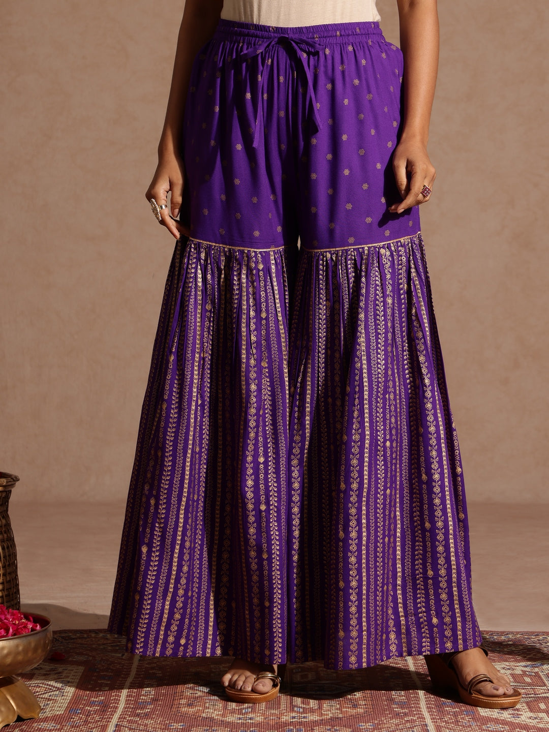 Janasya Women's Purple Rayon Gold Printed Short Kurti With Sharara & Dupatta Set - qivii