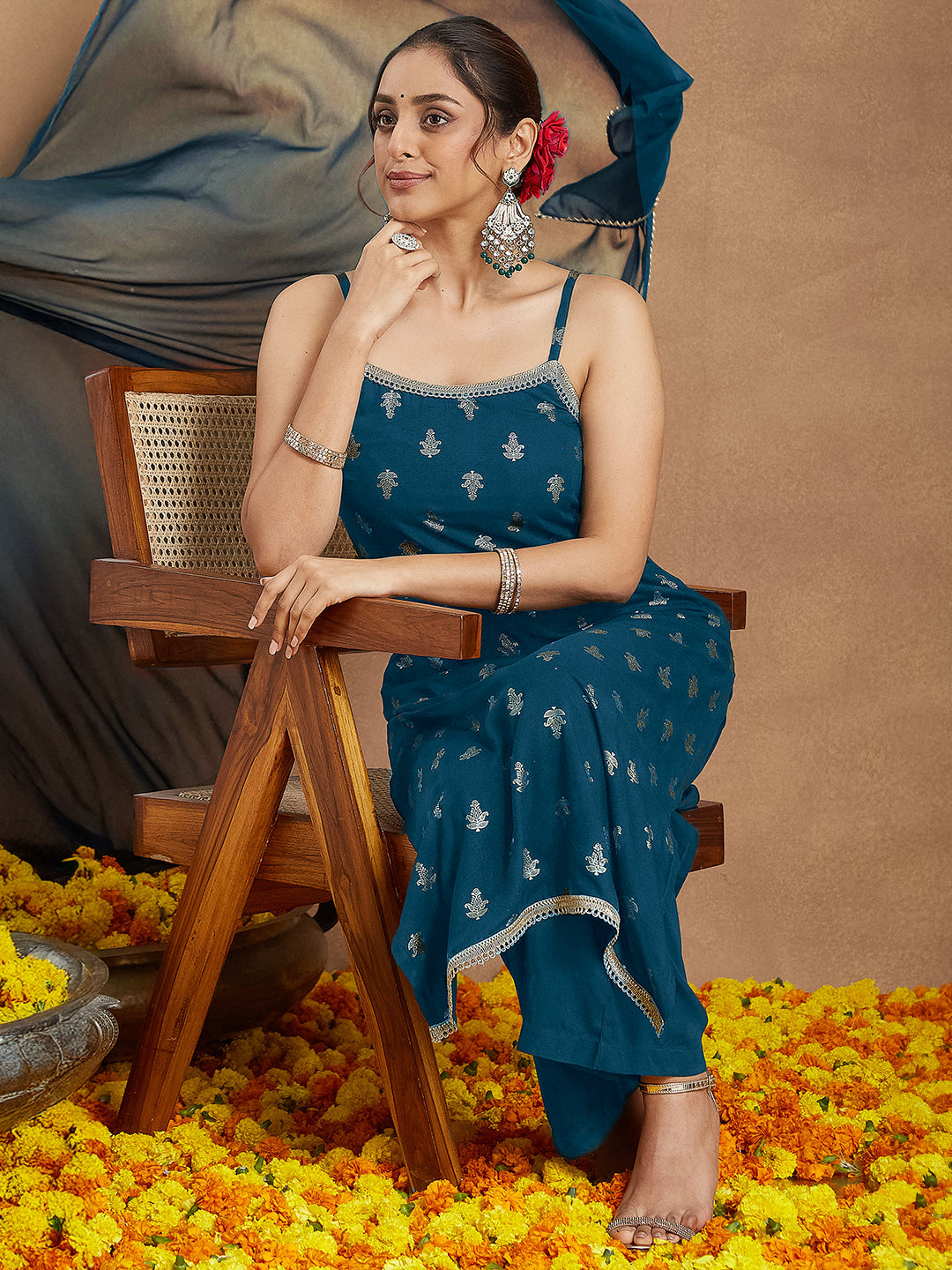 Janasya Women's Teal Blue Rayon Embellished Gold Printed Straight Kurta Set - qivii