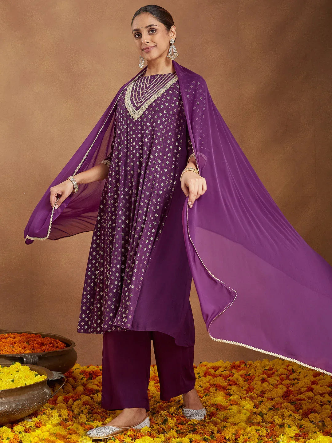 Janasya Women's Purple Rayon Embellished Gold Printed Anarkali Kurta Set