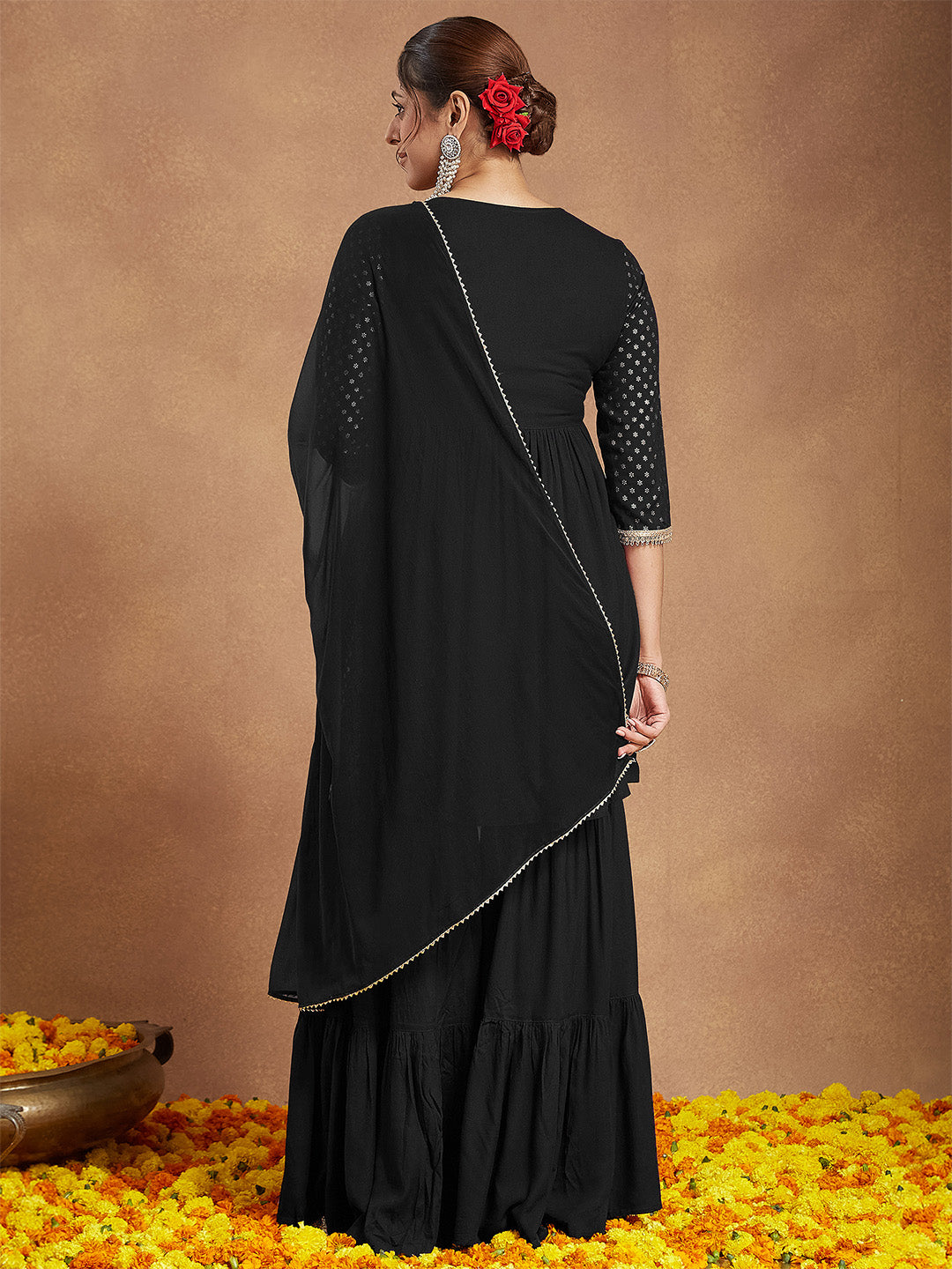 Janasya Women's Black Rayon Foil Printed A-line Kurta With Sharara & Dupatta Set - qivii