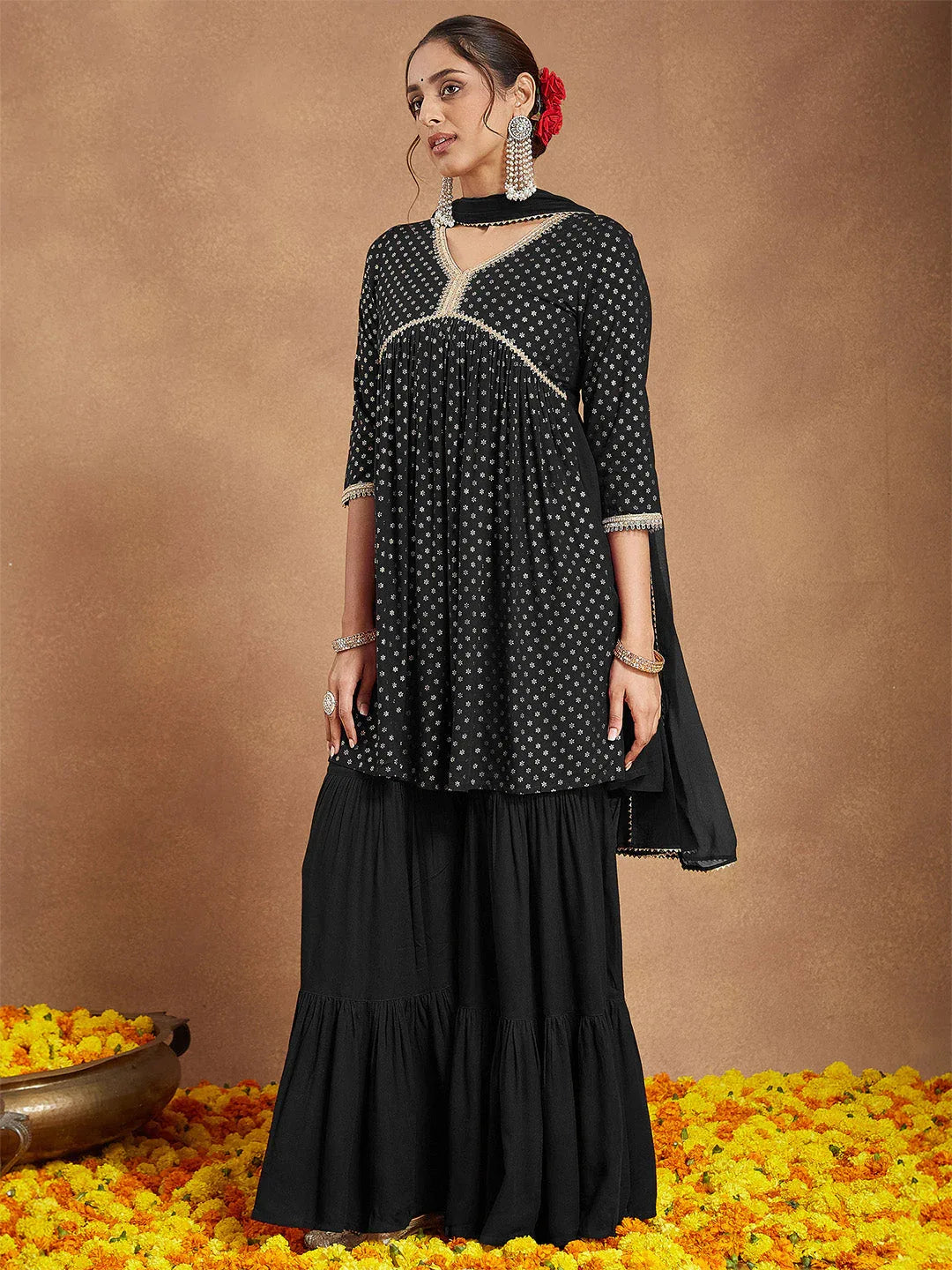 Janasya Women's Black Rayon Foil Printed A-line Kurta With Sharara & Dupatta Set