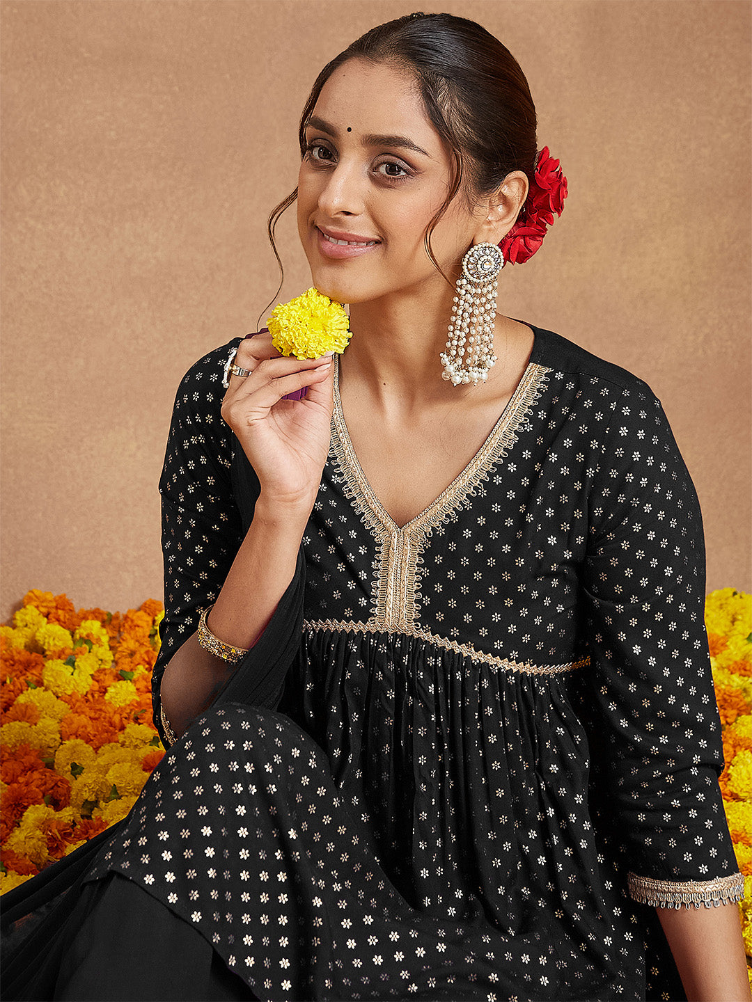 Janasya Women's Black Rayon Foil Printed A-line Kurta With Sharara & Dupatta Set - qivii