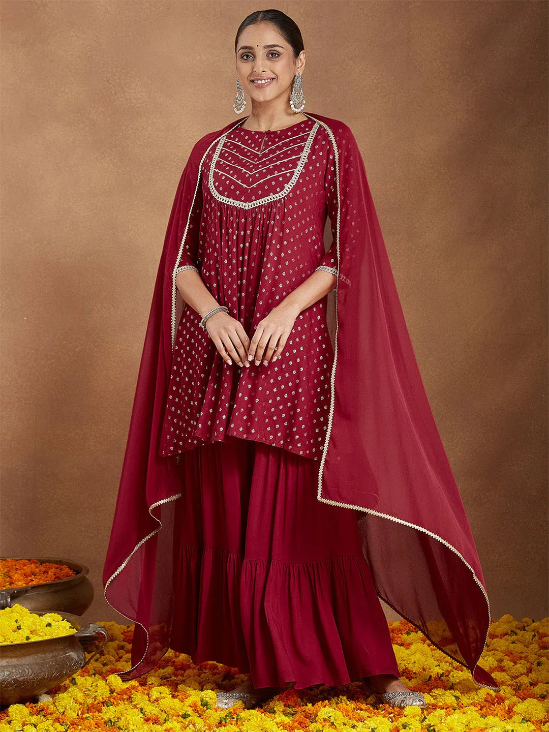 Janasya Women's Maroon Rayon Foil Printed Embellished A-line Kurta With Sharara & Dupatta Set