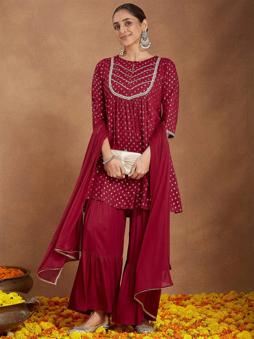 Janasya Women's Maroon Rayon Foil Printed Embellished A-line Kurta With Sharara & Dupatta Set