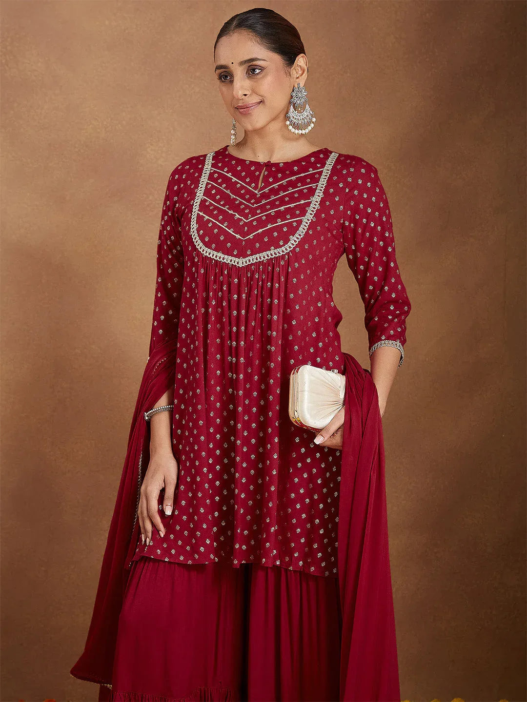 Janasya Women's Maroon Rayon Foil Printed Embellished A-line Kurta With Sharara & Dupatta Set