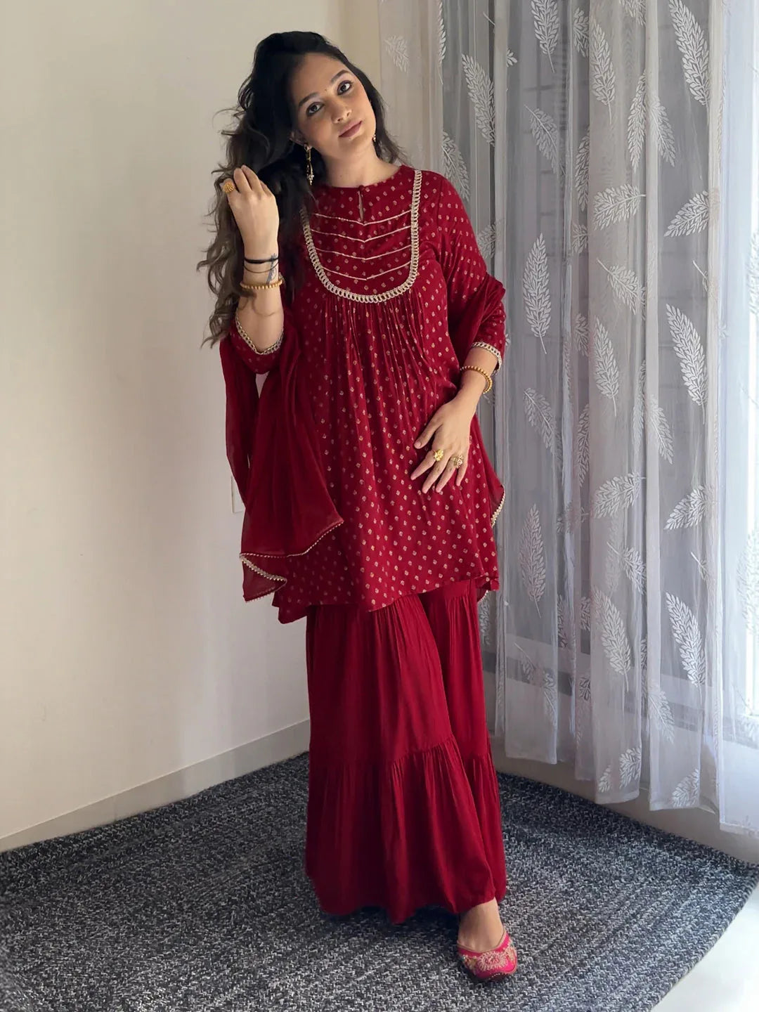 Janasya Women's Maroon Rayon Foil Printed Embellished A-line Kurta With Sharara & Dupatta Set
