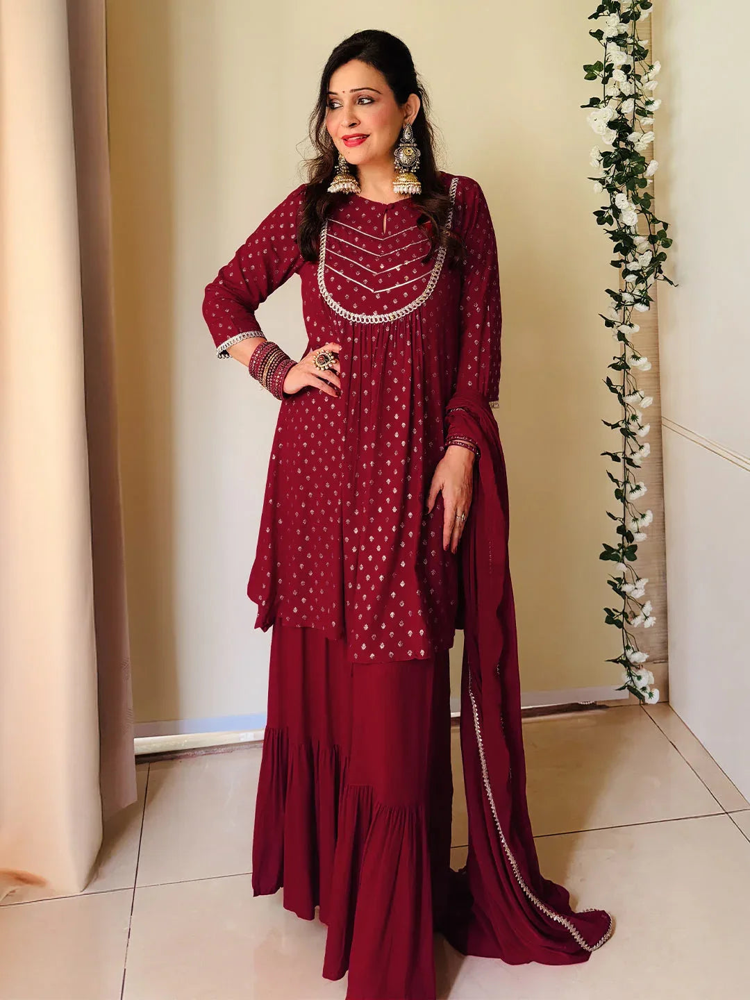 Janasya Women's Maroon Rayon Foil Printed Embellished A-line Kurta With Sharara & Dupatta Set