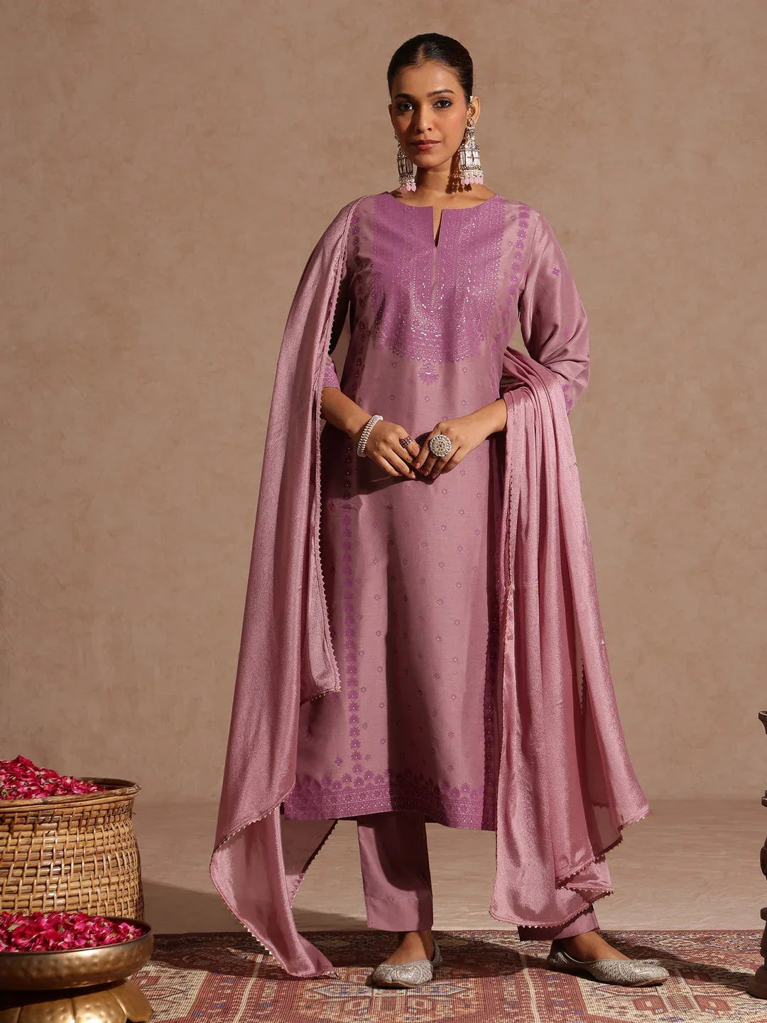 Janasya Women's Purple Silk Blend Embellished Zari Printed Straight Kurta Set