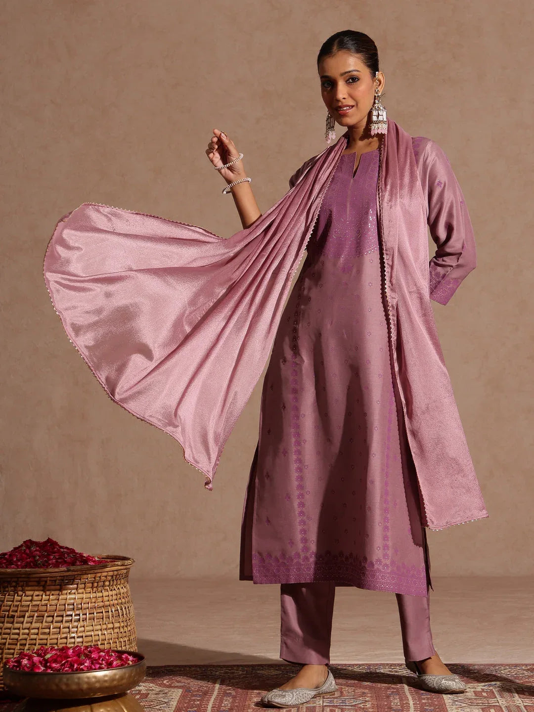 Janasya Women's Purple Silk Blend Embellished Zari Printed Straight Kurta Set