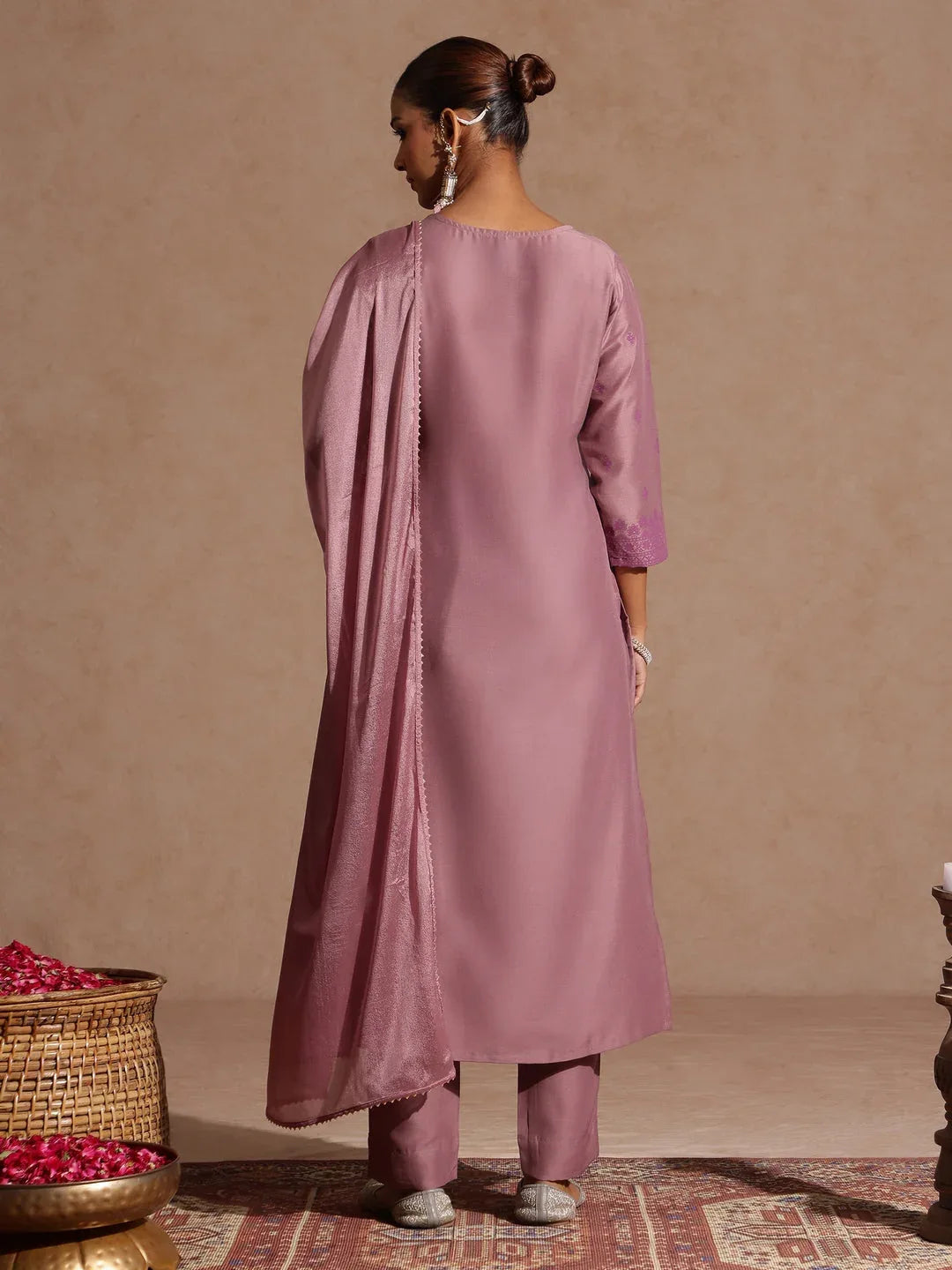 Janasya Women's Purple Silk Blend Embellished Zari Printed Straight Kurta Set