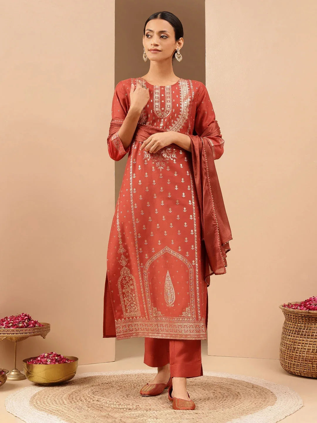 Janasya Women's Rust Silk Blend Ethnic Gold Printed Straight Kurta Set