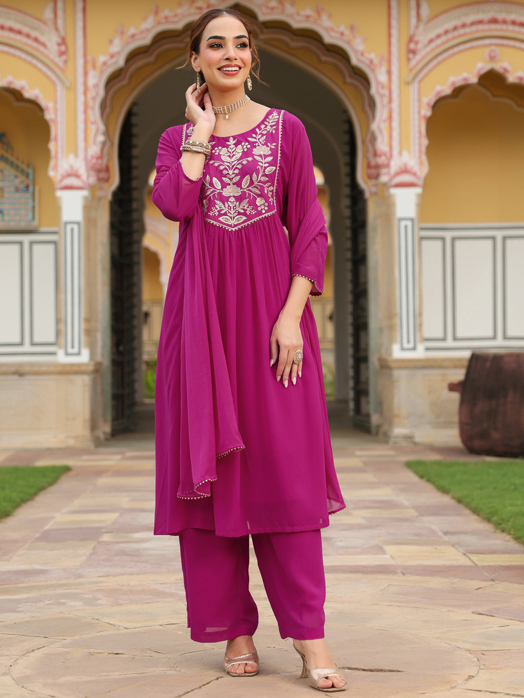 Janasya Women's Pink Georgette Embroidered A-line Kurta With Palazzo Dupatta Set - qivii