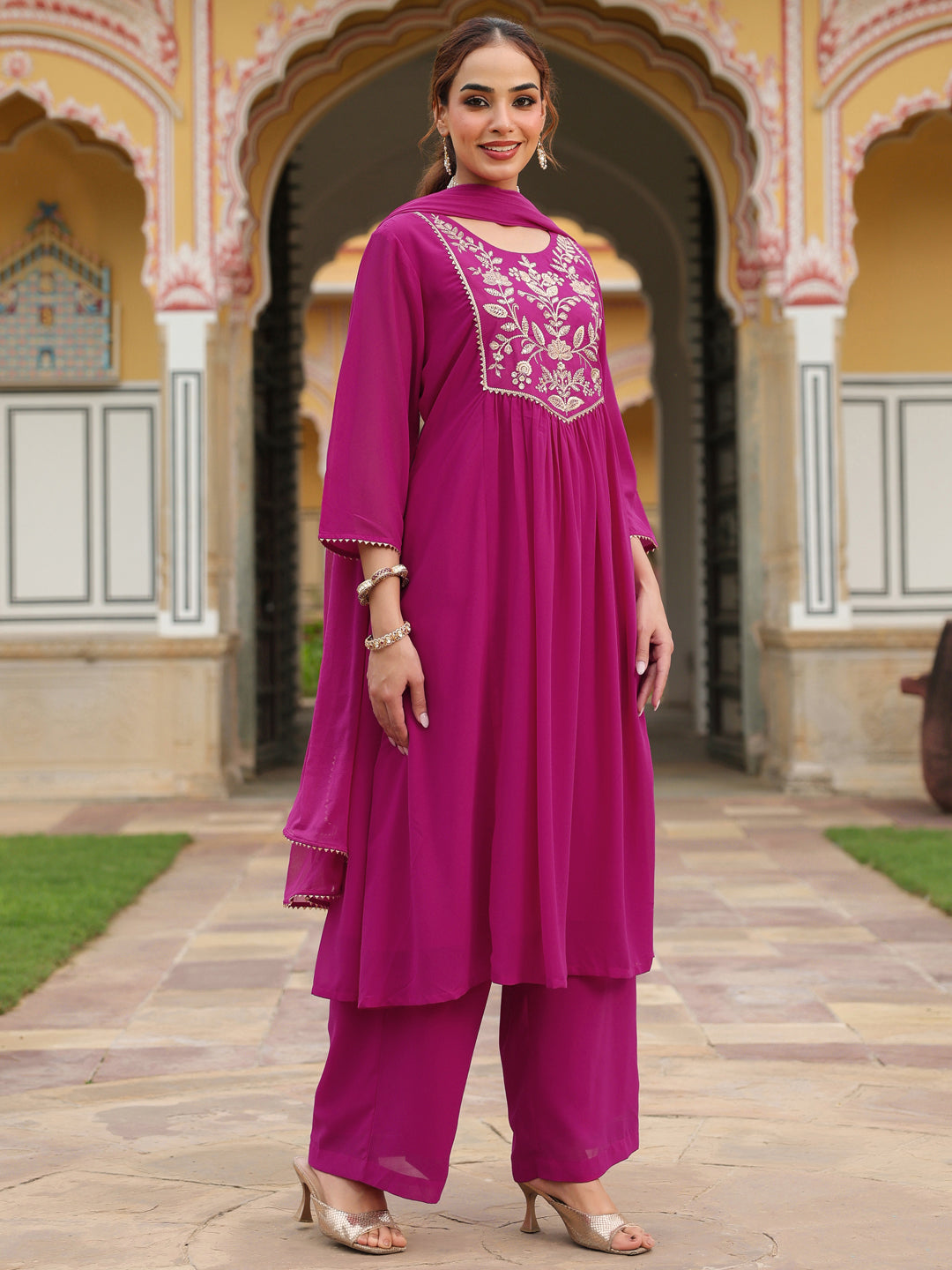 Janasya Women's Pink Georgette Embroidered A-line Kurta With Palazzo Dupatta Set - qivii