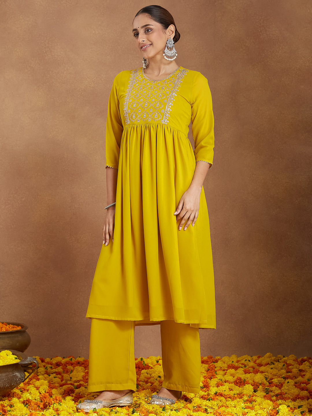 Janasya Women's Mustard Georgette Zari Yoke Embroidery A-line Kurta With Palazzo & Dupatta Set - qivii