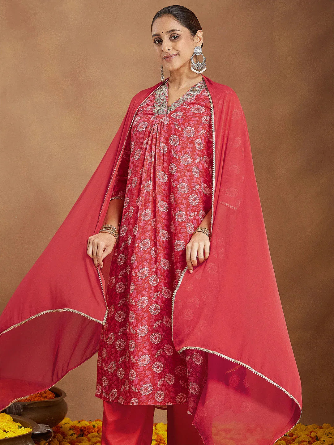 Janasya Women's Red Georgette Embellished Floral Printed A-line Kurta Set
