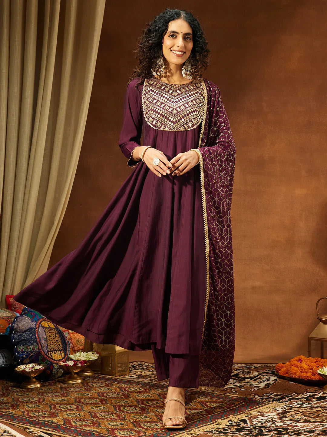 Janasya Women's Wine Chanderi Silk Embellished A-line Kurta Set