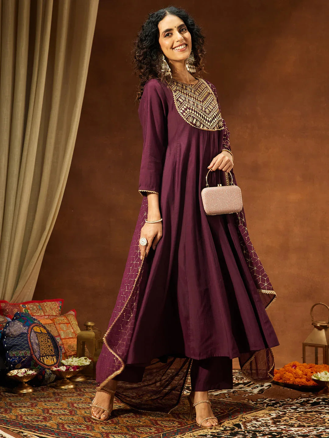 Janasya Women's Wine Chanderi Silk Embellished A-line Kurta Set