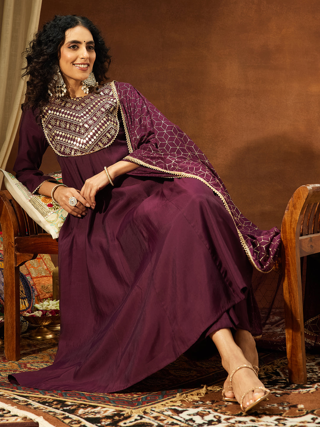 Janasya Women's Wine Chanderi Silk Embellished A-line Kurta Set - qivii