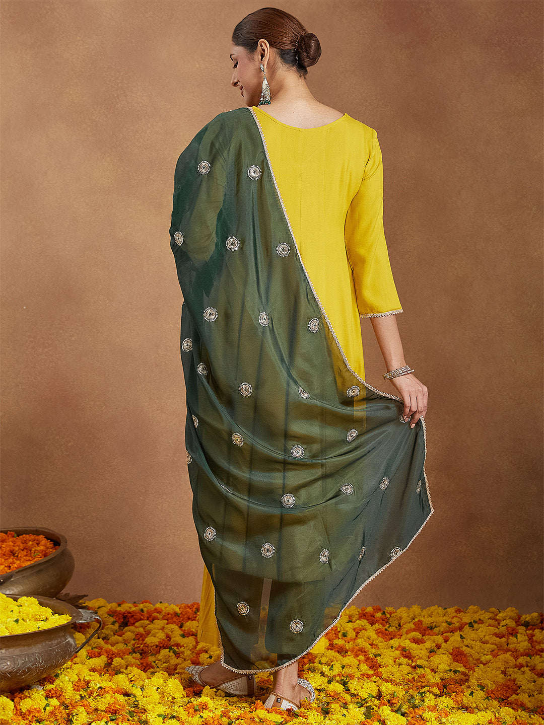 Janasya Women Mustard Yellow Rayon Embellished Anarkali Kurta Set With Green Dupatta - qivii